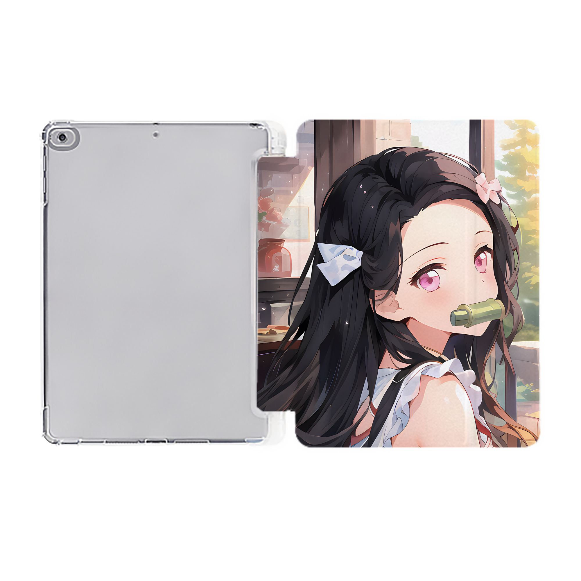 （画像用） 鬼滅の刃（きめつのやいば）竈門 禰󠄀豆子／かまど ねずこ Kamado Nezuko IPad ケース ペン収納付き 三つ折りスタンド PUレザー×シリコン 対応機種9.5/10.5/10.9インチ